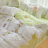 Gaeaspace  -  INS Princess Style Flower Bedding Set Duvet Cover With Ruffle Lace Bed Sheet Pillowcases Kawaii Girl Woman Bedroom Home Textiles