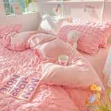 Gaeaspace  -  Princess Bedding Set  French Style Wash Cotton Solid Color Seersucker Summer Soft New Bed Sheet Set Comforter Set