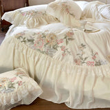 Gaeaspace  -  1200TC Egyptian Cotton Romantic French Wedding Bedding Set Lace Ruffles Flower Embroidery Duvet Cover Set Bed Sheet Pillowcases