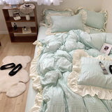 Gaeaspace  -  Kawaii Korean Princess Bedding Sets Queen Twin Size Solid Color Double Bed Fitted Sheets Home Ruffled Duvet Quilt Cover Set