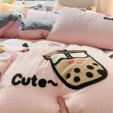 Gaeaspace  -  MIlk Tea Cartoon Duvet Cover Embroidery Bedding Set Queen Twin Size Kawaii Comforter Covers with Pillowcases for Girls Women