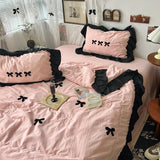 Gaeasapce  -  1Pc Korean Style Princess Black Bow Ruffles Summer Quilt Soft Skin-friendly Washed Seersucker Blanket Bedspread 150X200/200X230