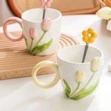 Gaeaspace  -  1pc Tulip Flower Ceramic Mug 3D Design Creative Relief Girl Heart Coffee Cup Birthday Mothers Day Gift for Her Afternoon Tea Cup