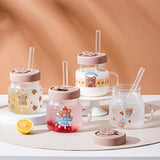 Gaeaspace  -  1pc 500ml Cartoon Bear Glass Cup With Lid And Straw High Borosilicate Water Mug With Handle Iced Coffee Cups Drinking Glasses