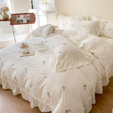 Gaeaspace  -  Rose Flowers Embroidery Ruffle Lace Bedding Set for Girls, Washed Cotton Duvet Cover, Skin Friendly, Bed Sheet, Pillowcases