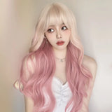 Gaeaspace  -  Long Curly Hair Platinum Gradient Pink Wig Temperament Cute Sweet Synthetic Wigs with Bangs Pink and Blonde Wavy Lolita Wig