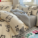 Gaeaspace  -  Cute Cartoon Bedding Set Washed Cotton Duvet Cover Bedsheet Pillowcase Bedroom Decor Skin Friendly Four Piece Set Home Textiles