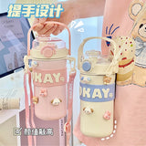 Gaeaspace   -  Kawaii Thermal Water Bottle With Straw Sticker Stainless Steel Thermos Keep Cold Hot Coffee Bubble Tea Cute Bottle For Kid Girl