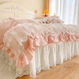 Gaeasapce  -  Pink Romantic French Princess Bedding Set, Lace Ruffles Duvet Cover, Bed Sheet, Bed Skirt, Bedspread, Pillowcases, 100% Cotton