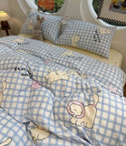 Gaeaspace  -  Cute cat blue plaid bedding set single double teen,twin full queen lovely cotton home textile bed sheet pillow case quilt cover