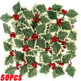 Gaeaspace  -  50/5Pcs Artificial Holly Berries With Green Leaves DIY Christmas Wreath Wedding Flower Gifts Xmas New Year Festival Decorations