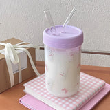 Gaeaspace  -  600ml Kawaii Glass Bottle For Water Coffee Drinks BPA Free Clear Milk Juice Bubble Tea Glass Cup With Lid And Straw  Girl  Gift