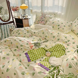 Gaeaspace  -  Ins Tulip Floral Bedding With Seersucker Simple Flower Duvet Cover Single Double Bed Sheet Quilt Cover Four Seasons Bed Linens