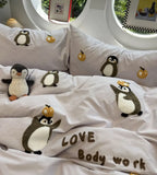 Gaeaspace  -  Fashion cute embroidery penguin bedding set double,full queen king lovely cotton home textile bed sheet pillow case quilt cover