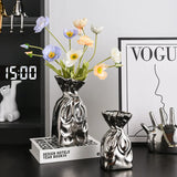 Gaeaspace  -  European Ceramic Silver Vase Pleated Bunched Mouth Hydroponic Flower Ware Living Room Dining Table Floral Vase Wedding Ornament