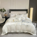 Gaeaspace  -  New Chinese Style Landscape Embroidery Luxury Bedding Set Silky Duvet Cover Set Soft Quilt Cover Set Bed Sheet Pillowcases