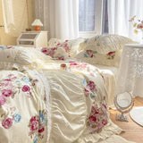 Gaeaspace  -  Romantic French Style Bedding Set 100% Cotton Rose Print Linen Set Pleated Ruffles Duvet Cover Bed Sheet Fitted Sheet Bed Skirt