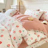 Gaeaspace  -  Cute Strawberry Duvet Cover Set Floral Style with Flat Sheet Pillowcase No filler Queen Double Girls Boys Home Decor Bed Linens