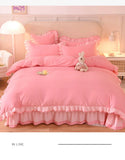 Gaeaspace  -  Pink Princess Girls Ruffle Lace Bedding Sets Luxury Quilt Cover Bed Sheet and Pillowcases Soft Bedclothes Decor Home