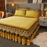 Gaeaspace  -  Luxury Gold Crystal Velvet Flowers Lace Ruffles Bedspread, Quilted Embroidery Bed Skirt, Mattress Cover, Bed Sheet Pillowcases