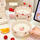 Gaeaspace  -  Kawaii Strawberry Peach Bowl Plate Ceramic Fruit  Salad Noodle Ramen Kitchen Bowl With Handle Tableware Gift For Kids Girl Women