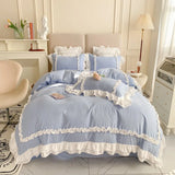 Gaeaspace  -  Elegant Lace Bedding Sets Luxury Bed Linen Princess Washed Cotton Ruffle Duvet Cover Bed Sheet and Pillowcases for Girl Luxury