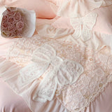 Gaeaspace  -  French Romantic Lace Patchwork Ruffles With Bow Decoration Bedding Set Soft Cozy Pink Girls Duvet Cover Set Bed Sheet Pillowcase