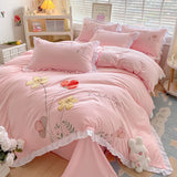 Gaeaspace  -  Ins Korean Style Bedding Set with Ruffles Princess Duvet Cover No Filling Flat Sheet Pillowcases Kit Girls Blue Pink Solid Color