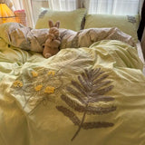 Gaeaspace  -  Bedding Set Countryside Ins Style Art Green Leaf Embroidery Washed Cotton 4 pcs Set Dormitory Bed Sheet 3pcs