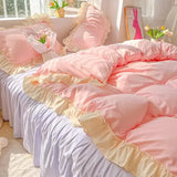 Gaeaspace  -  Princess Korean Style Bedding Set Aesthetic Queen Full King Size Solid Color Double Bed Bedspread Sheets Ruffled Duvet Cover Set