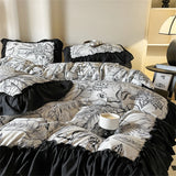 Gaeaspace  -  Washed Cotton Bedding Sets With Lace Black Printed Four Piece Set Bedroom Decor Duvet Cover Pillowcase Bedspread Bed Cover Sets