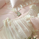 Gaeasapce  -  Pink Romantic Lace Ruffles with Bow, French Princess Bedding Set, Plush, Warm Velvet, Fleece Duvet Cover, Bed Sheet, Pillowcases