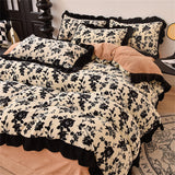 Gaeaspace  -  Luxury Winter Warm Milk Velvet Bedding Set Thickened French Retro Princess Double-Sided Coral Velvet Four Piece Sets Black Lace