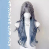 Gaeaspace  -  Wig for Women Long Curly Hair Big Wave Haze Blue Wigs with Bangs Natural Simulation Fluffy Lolita Wig for Cospay Daily Use