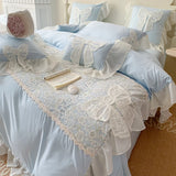 Gaeaspce  -  Korean Princess Bedding Set Lace Bow  Beauty Solid Color Lace Ruffle Quilt Cover Luxury Girls Wedding Home Textiles Duver Cover