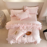 Gaeasapce  -  Pink Lace Ruffles Korean Princess Style 100% Cotton Bedding Set Duvet Cover, 1.5M, 1.8M, 2M, Bed Skirt, Bedspread, Pillowcases