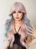 Gaeaspace  -  26 Inch Iridescent Rainbow Color Multicolour Synthetic Wigs with Bang Long Water Wave Hair Wig for Women Cosplay Heat Resistant