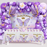 Gaeaspace  -  Purple Butterfly Birthday Party Decoration Butterfly Backdrop Tablecloth Balloons Baby Shower Kids Girl Birthday Party Supplies