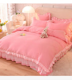 Gaeaspace  -  Pink Princess Girls Ruffle Lace Bedding Sets Luxury Quilt Cover Bed Sheet and Pillowcases Soft Bedclothes Decor Home