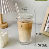 Gaeaspace  -  375ML Stripe Glass Cup With Lid and Straw Transparent Tea Cup Glasses Beer Can Milk Juice Cups Coffee Mug Drinkware Dessert Cup