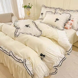 Gaeaspace  -  Kawaii Seersucker Bedding Set For Girls Princess Bow Ruffle Lace Bed Skirt Skin-Friendly Solid Color Duvet Cover Sets Queen King