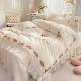 Gaeaspace   -  Korean Style Brushed Floral Chiffon Ruffles Girls Bed Skirt Single Queen Bedding Set Duvet Cover Set Bed Sheet Set Pillowcases