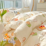 Gaeaspace  -  Kawaii Washed Cotton Bedding Set For Kids Girls Cute Print Duvet Cover Single Full Queen Size Flat Bed Sheets And Pillowcases