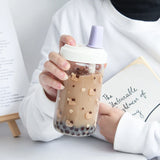 Gaeaspace  -  Kawaii Cat Bubble Tea Glass Water Bottle With Straw PU Sleeve Cute Boba Coffee Milk Cups Portable Girl Drinking Bottle BPA Free