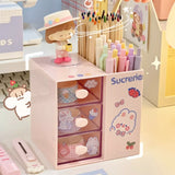 Gaeaspace  -  Cute Pen Holder Storage Organizer Boxes with Drawer Cosmetic Rack Kawaii Desk Accessories Girls Office School Desktop Stationery