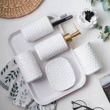 Gaeaspace  -  White Ceramic Bathroom Five-piece Set of Simple Relief Pattern Toothbrush Cup Emulsion Bottle Soap Dish Bathroom Accessories New