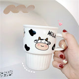 Gaeaspace  -  Korean-style Striped Ins Simple Cute Mug Cartoon Cow Household Heat-resistant Ceramic Cup with Lid and Spoon for Breakfast