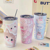 Gaeaspace  -  Kawaii Cat Thermos Cups Tumbler For Hot Cold Coffee Tea Cute 550ml Sainless Steel With Straw Insulated Thermal Cup Water Bottle