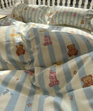 Gaeaspace  -  Cute cartoon bear rabbit blue stripes yellow bedding set,twin full queen cotton home textile bed sheet pillow case quilt cover