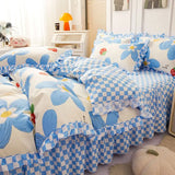 Gaeaspace  -  Ins Blue Flower Bedding Set Beautiful Bed Skirt Soft Home Textile Twin Queen Size Polyester Quilt Cover Pillowcases Duvet Cover